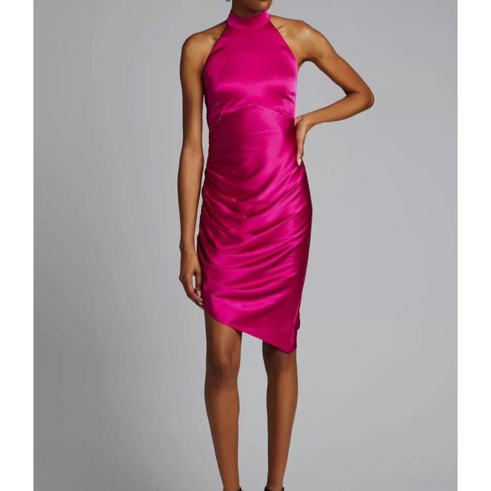 Retrofête NWT Sydney Silk Fuchsia Halter Asymmetrical Mini Dress Size L